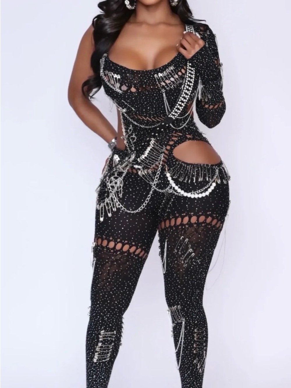 Black One-Shoulder Rhinestone Cutout Jumpsuit with Chain Details